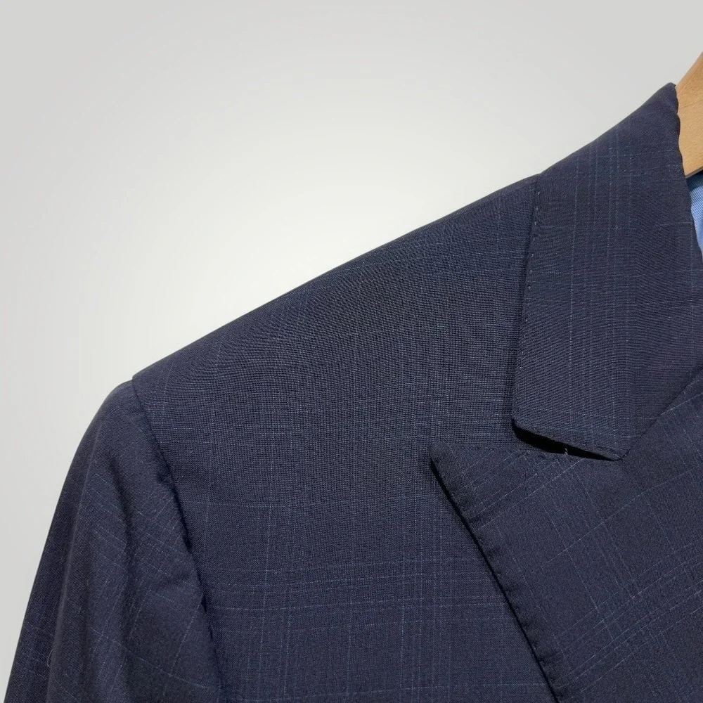 Isaia Napoli Men Navy Blue Windowpane Wool Silk Suit 150s Aqualight IT 52/ US 42